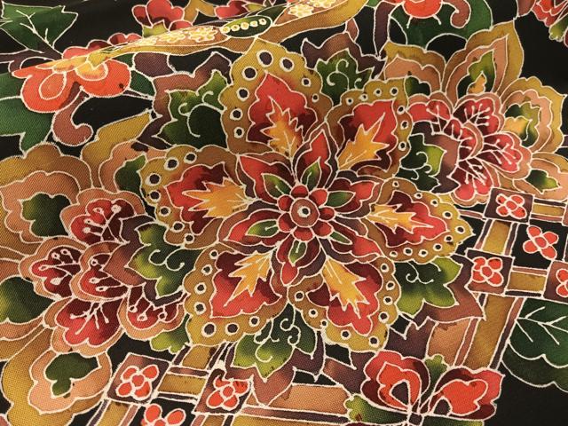 平和屋着物●九寸名古屋帯　ろうけつ染め　更紗唐草鳥文　黒地　CABJ0720vp