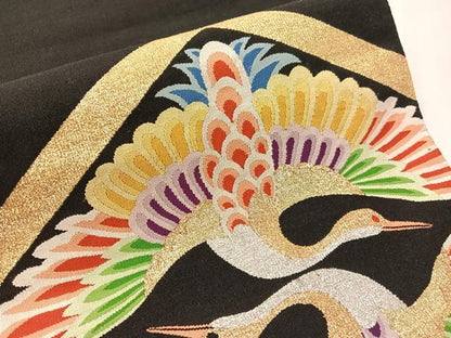 平和屋着物●爪掻き本綴れ　八寸名古屋帯　双鶴菱文　黒地　金銀糸　正絹　逸品　CABJ0721vp