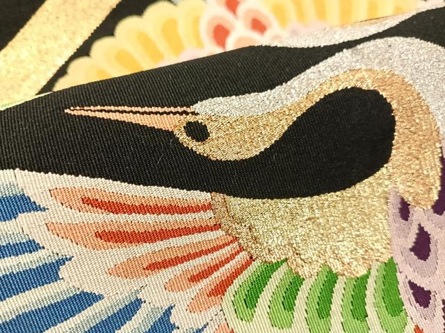 平和屋着物●爪掻き本綴れ　八寸名古屋帯　双鶴菱文　黒地　金銀糸　正絹　逸品　CABJ0721vp