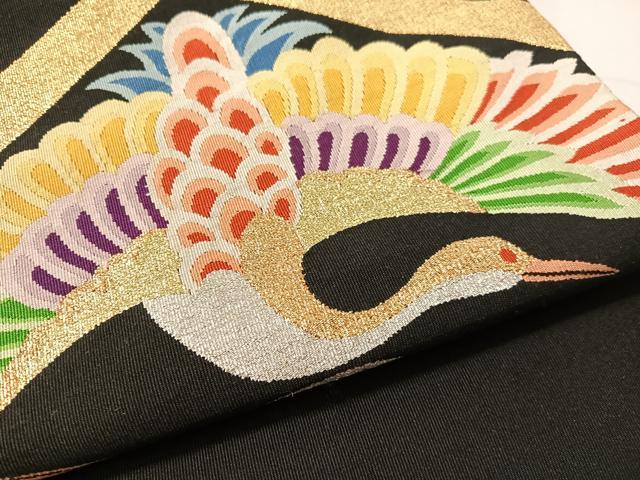 平和屋着物●爪掻き本綴れ　八寸名古屋帯　双鶴菱文　黒地　金銀糸　正絹　逸品　CABJ0721vp