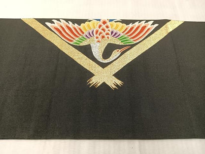 平和屋着物●爪掻き本綴れ　八寸名古屋帯　双鶴菱文　黒地　金銀糸　正絹　逸品　CABJ0721vp