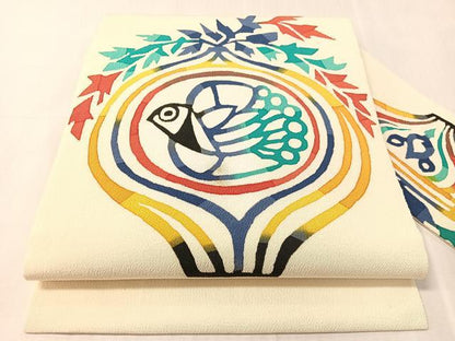 平和屋着物●皆川泰蔵　染色家　九寸名古屋帯　型染め　飛鳥文　鬼しぼ縮緬　正絹　逸品　CABJ0722vp