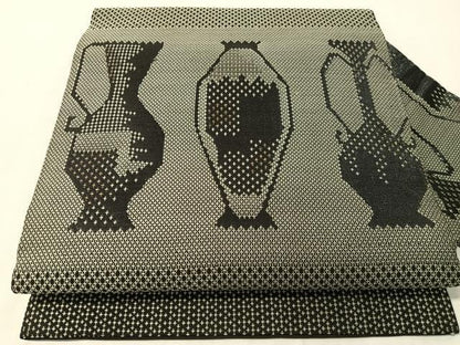 平和屋着物●九寸名古屋帯　陶器文　黒地　金銀糸　正絹　逸品　CABJ0733vp