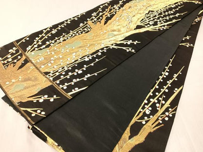 平和屋着物●全通柄袋帯　唐織　槍梅　黒地　金糸　正絹　逸品　CABJ0735vp