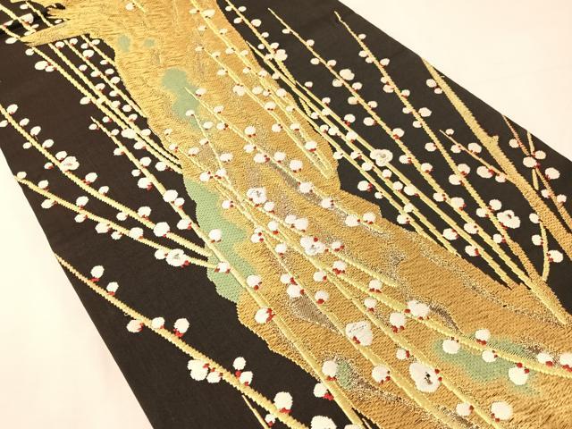 平和屋着物●全通柄袋帯　唐織　槍梅　黒地　金糸　正絹　逸品　CABJ0735vp