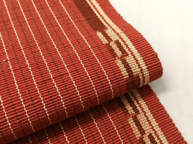 平和屋着物●沖縄県伝統工芸品　八重山ミンサー　手織り　八寸名古屋帯　間道　綿　逸品　未使用　CABJ0738vp