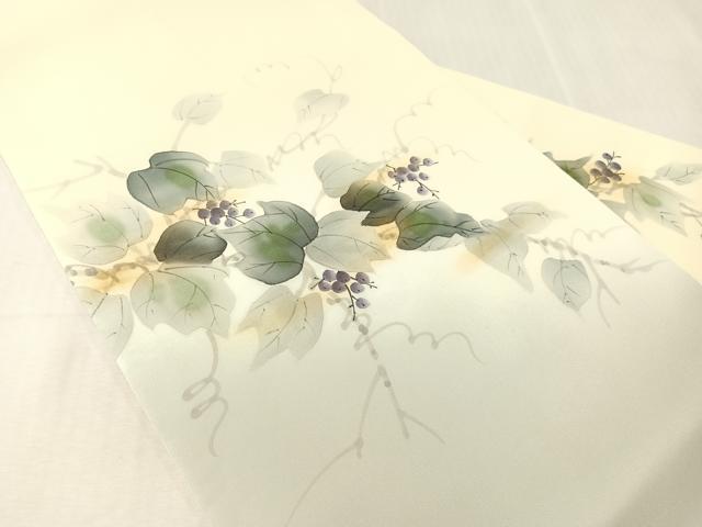 平和屋着物●塩瀬　九寸名古屋帯　作家物　手描き　葡萄蔦の葉文　金彩　やまと誂製　正絹　逸品　CABJ0741vp