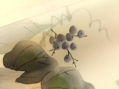 平和屋着物●塩瀬　九寸名古屋帯　作家物　手描き　葡萄蔦の葉文　金彩　やまと誂製　正絹　逸品　CABJ0741vp