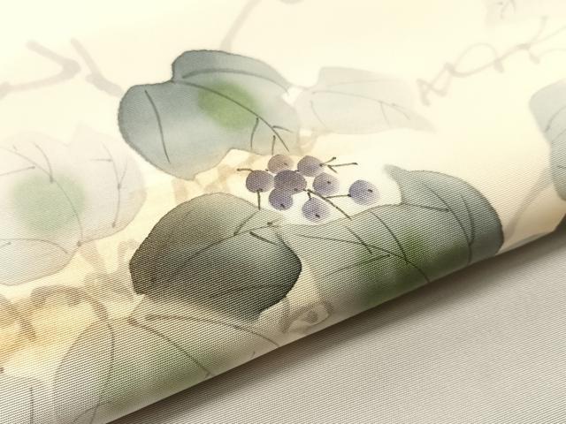 平和屋着物●塩瀬　九寸名古屋帯　作家物　手描き　葡萄蔦の葉文　金彩　やまと誂製　正絹　逸品　CABJ0741vp