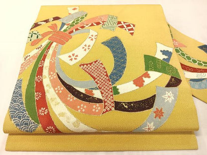 平和屋着物●九寸名古屋帯　束ね熨斗文　金彩　鬼しぼ縮緬　正絹　逸品　CABJ0743vp