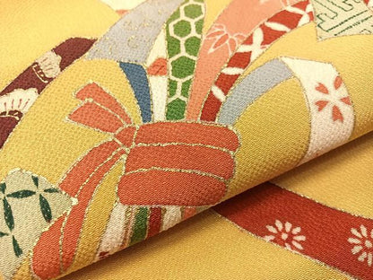 平和屋着物●九寸名古屋帯　束ね熨斗文　金彩　鬼しぼ縮緬　正絹　逸品　CABJ0743vp