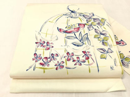 平和屋着物●塩瀬　九寸名古屋帯　作家物　手描き　鳥籠花文　正絹　逸品　CABJ0744vp