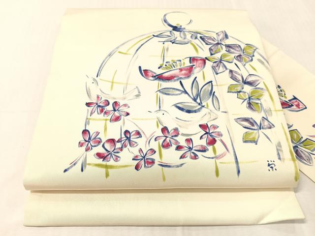 平和屋着物●塩瀬　九寸名古屋帯　作家物　手描き　鳥籠花文　正絹　逸品　CABJ0744vp