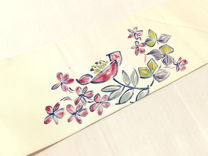 平和屋着物●塩瀬　九寸名古屋帯　作家物　手描き　鳥籠花文　正絹　逸品　CABJ0744vp