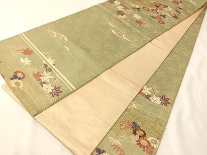 平和屋着物●アンティーク　大正ロマン　六通柄袋帯　駒刺繍　流水花文　金糸　正絹　逸品　CABJ0746vp