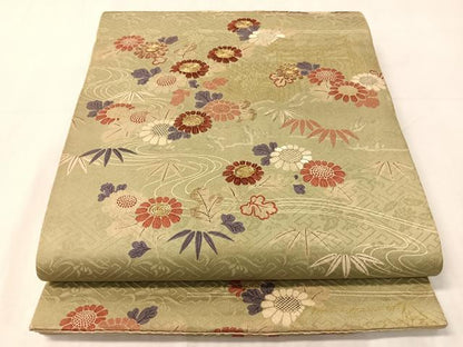 平和屋着物●アンティーク　大正ロマン　六通柄袋帯　駒刺繍　流水花文　金糸　正絹　逸品　CABJ0746vp