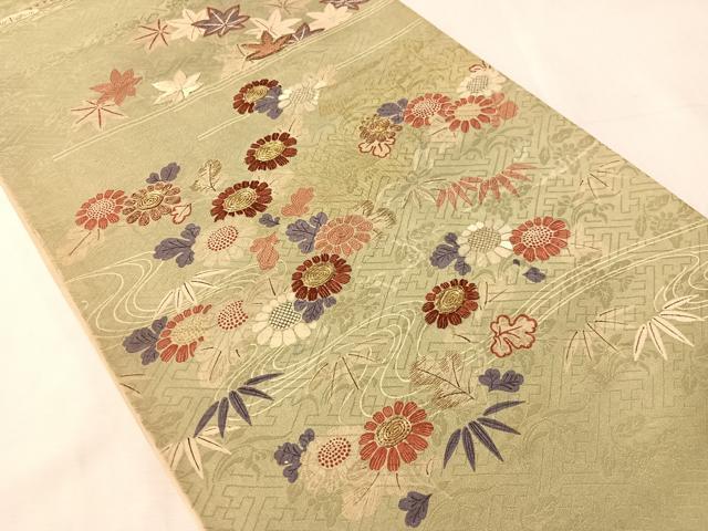 平和屋着物●アンティーク　大正ロマン　六通柄袋帯　駒刺繍　流水花文　金糸　正絹　逸品　CABJ0746vp