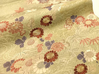 平和屋着物●アンティーク　大正ロマン　六通柄袋帯　駒刺繍　流水花文　金糸　正絹　逸品　CABJ0746vp
