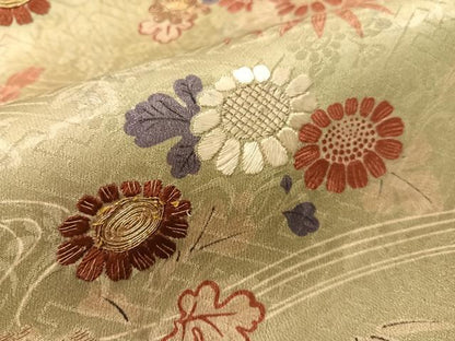 平和屋着物●アンティーク　大正ロマン　六通柄袋帯　駒刺繍　流水花文　金糸　正絹　逸品　CABJ0746vp