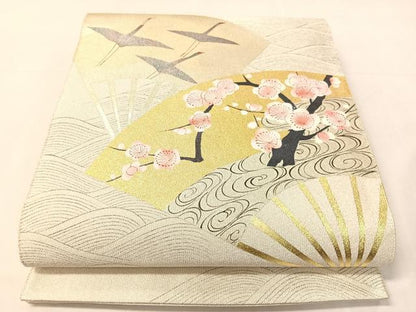 平和屋着物●琳派乃世界　灘昆年　太鼓柄袋帯　手描き　綴れ　立波扇面飛鶴梅文　金銀糸　正絹　逸品　CABJ0754vp