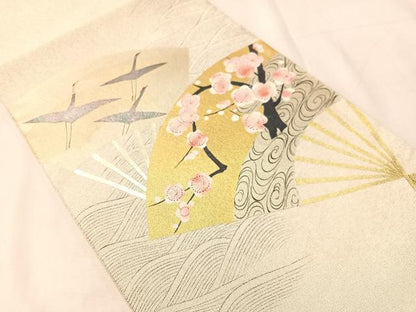 平和屋着物●琳派乃世界　灘昆年　太鼓柄袋帯　手描き　綴れ　立波扇面飛鶴梅文　金銀糸　正絹　逸品　CABJ0754vp