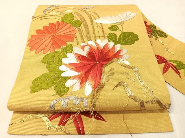 平和屋着物●アンティーク　大正ロマン　総刺繍　手刺繍　駒刺繍　九寸名古屋帯　立波菊文　金銀糸　正絹　逸品　CABJ0755vp