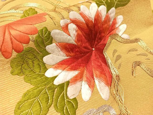 平和屋着物●アンティーク　大正ロマン　総刺繍　手刺繍　駒刺繍　九寸名古屋帯　立波菊文　金銀糸　正絹　逸品　CABJ0755vp