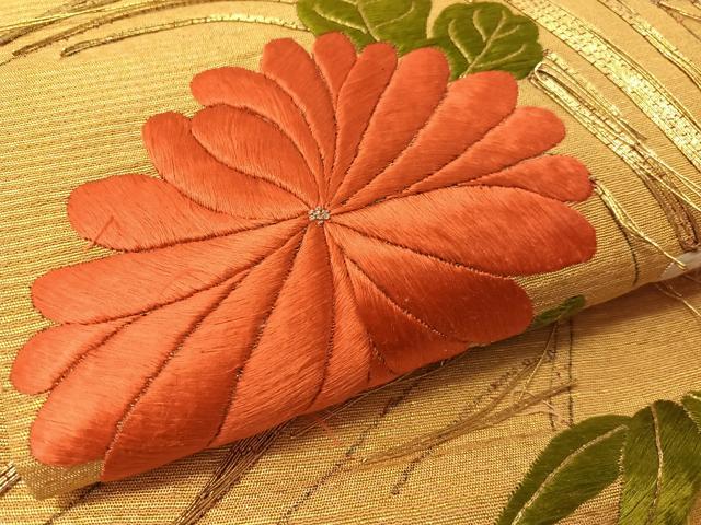 平和屋着物●アンティーク　大正ロマン　総刺繍　手刺繍　駒刺繍　九寸名古屋帯　立波菊文　金銀糸　正絹　逸品　CABJ0755vp