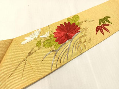 平和屋着物●アンティーク　大正ロマン　総刺繍　手刺繍　駒刺繍　九寸名古屋帯　立波菊文　金銀糸　正絹　逸品　CABJ0755vp