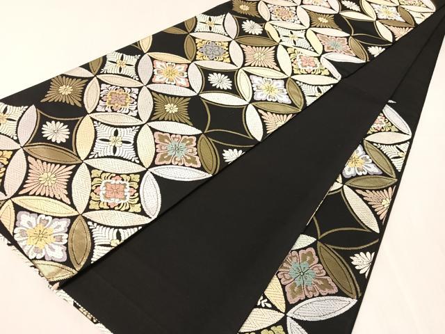 平和屋着物●六通柄袋帯　唐織　七宝花文　黒地　金糸　正絹　逸品　未使用　CABJ0763vp
