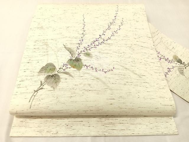 平和屋着物●九寸名古屋帯　ぜんまい紬　手描き　草花文　正絹　逸品　CABJ0765vp
