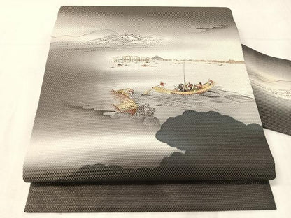 平和屋着物●九寸名古屋帯　手描き　人物風景文　金通し地　正絹　逸品　CABJ0766vp