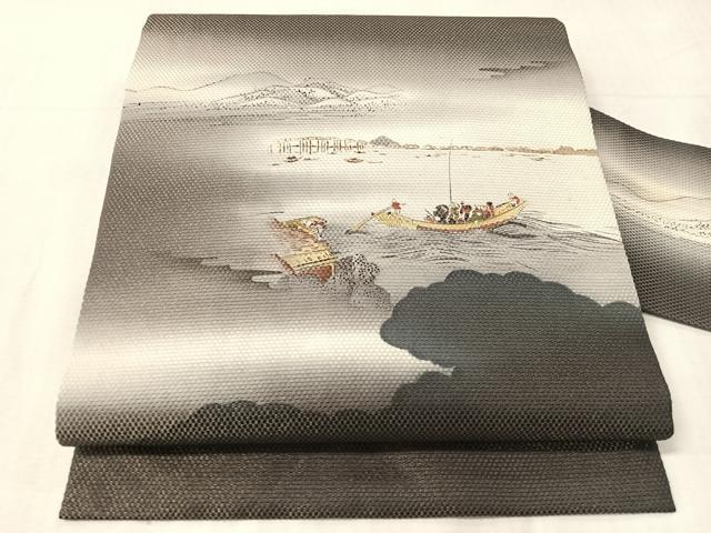 平和屋着物●九寸名古屋帯　手描き　人物風景文　金通し地　正絹　逸品　CABJ0766vp