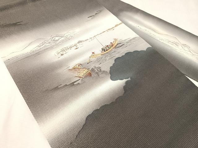 平和屋着物●九寸名古屋帯　手描き　人物風景文　金通し地　正絹　逸品　CABJ0766vp