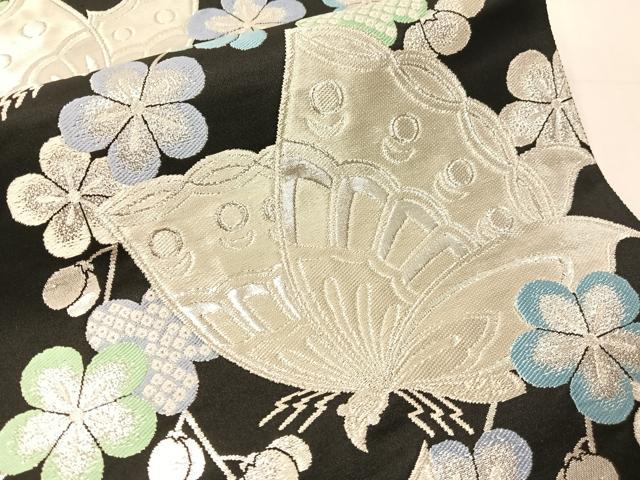 平和屋着物●京の名門　じゅらく謹製　六通柄袋帯　胡蝶枝垂梅文様　黒地　銀糸　上代30万　証紙付き　正絹　逸品　未使用　CABJ0772vp