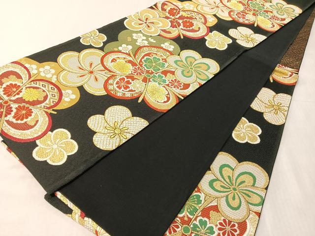 平和屋着物●六通柄袋帯　ねじ梅　黒地　金糸　正絹　逸品　CABJ0776vp