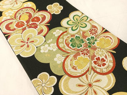 平和屋着物●六通柄袋帯　ねじ梅　黒地　金糸　正絹　逸品　CABJ0776vp