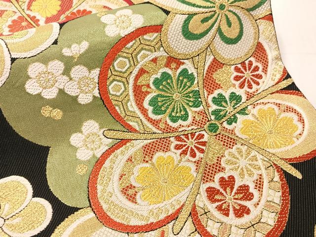 平和屋着物●六通柄袋帯　ねじ梅　黒地　金糸　正絹　逸品　CABJ0776vp