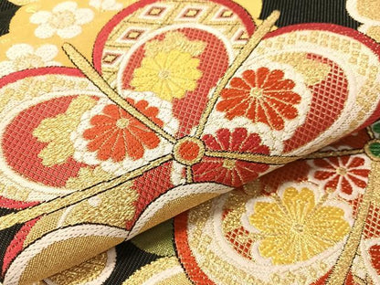 平和屋着物●六通柄袋帯　ねじ梅　黒地　金糸　正絹　逸品　CABJ0776vp