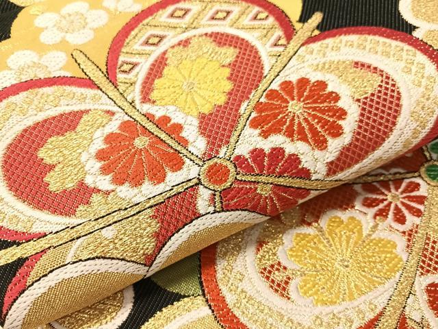 平和屋着物●六通柄袋帯　ねじ梅　黒地　金糸　正絹　逸品　CABJ0776vp