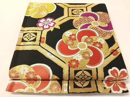 平和屋着物●六通柄袋帯　蜀江花文　黒地　金糸　正絹　逸品　CABJ0778vp