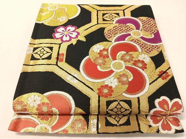平和屋着物●六通柄袋帯　蜀江花文　黒地　金糸　正絹　逸品　CABJ0778vp