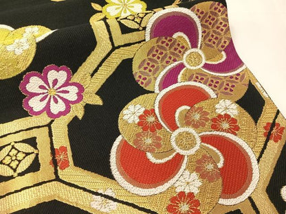 平和屋着物●六通柄袋帯　蜀江花文　黒地　金糸　正絹　逸品　CABJ0778vp