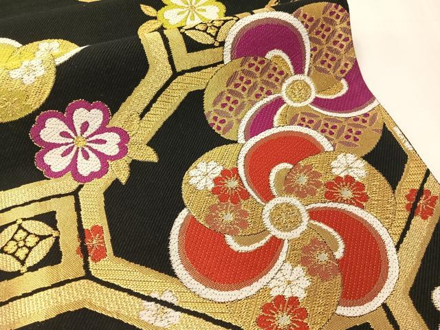 平和屋着物●六通柄袋帯　蜀江花文　黒地　金糸　正絹　逸品　CABJ0778vp
