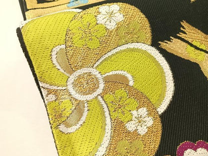 平和屋着物●六通柄袋帯　蜀江花文　黒地　金糸　正絹　逸品　CABJ0778vp