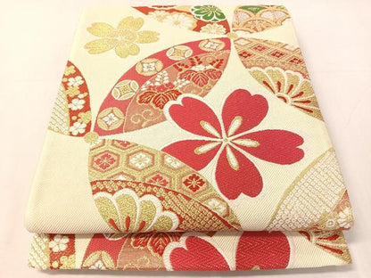 平和屋着物●六通柄袋帯　唐織　七宝桐花文　金糸　正絹　逸品　CABJ0780vp