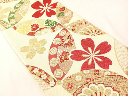 平和屋着物●六通柄袋帯　唐織　七宝桐花文　金糸　正絹　逸品　CABJ0780vp