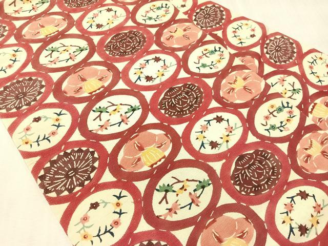 平和屋着物●九寸名古屋帯　型染め　花丸繋ぎ　正絹　逸品　CABJ0783vp