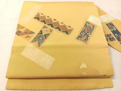 平和屋着物●塩瀬　九寸名古屋帯　作家物　檜垣吉祥花文　金彩　正絹　逸品　CABJ0799vp