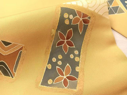 平和屋着物●塩瀬　九寸名古屋帯　作家物　檜垣吉祥花文　金彩　正絹　逸品　CABJ0799vp